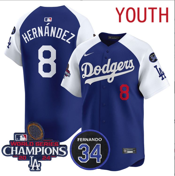 Youth MLB Los Angeles Dodgers #8 Hernandez blue 2024 World Series Champions Patch Limited Jersey style 5